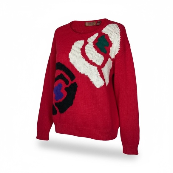 Vintage Worthington Sweater L Petite | Red Floral Knit | 80s 90s Retro Korea - Picture 1 of 9